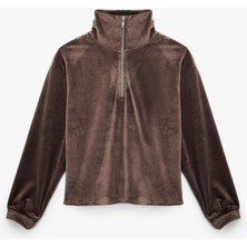 Koton Yarım Fermuarlı Uzun Kollu Rahat Kalıp Dik Yaka Kadife Pijama Üstü