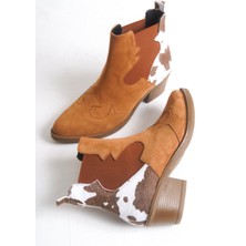 Adımla Kadın Bot Western Kovboy Taba Rengi Lastikli Nakış Detaylı Agatha