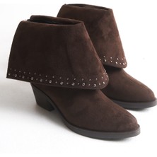 Adımla Kahverengi Süet Kadın Bot Çizme Metal Aksesuarlı Western Kovboy Mira