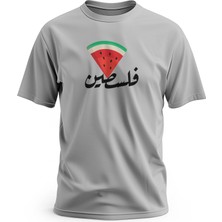 Zaytoon Tişört, Kısa Kollu Arapça Filistin Yazılı Üçgen ve Karpuz Desenli Renkli Baskı