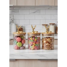 3'lü Borosilikat Cam Gold Geyik Figürlü Bambu Kapaklı Kavanoz 500 ml