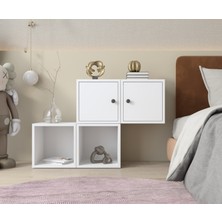 Nettrends Modüler Komodin 4 Kutu Kapaklı ve Açık Raflı Duvara Monte Edilebilir BEYAZ-NRG-KMD-1011