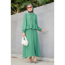 Tesettür Çarşım Emy Krep Fırfır Bluz Etekli Takım-Mint