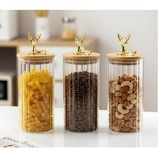 3'lü Borosilikat Cam Gold Geyik Figürlü Bambu Kapaklı Kavanoz 1000 ml