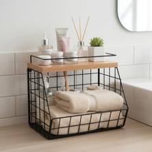 Decorelax Ahşap Bambu Raflı Banyo Organizeri - Duvara Monte Edilebilir ve Tezgah Üstünde Kullanılabilir, Siyah, 31X23 cm