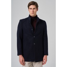 Morven  Erkek Lacivert Yünlü Düz Dynamic Fit Hakim Yaka Kaban