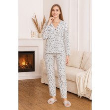 Remsa Kadın Çiçek Desen Suprem Önü Düğmeli Pijama Takımı 0469 Beyaz