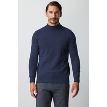 İGS Mavi Standart Fit Dar Kalıp Yarım Balıkçı  Düz  Triko