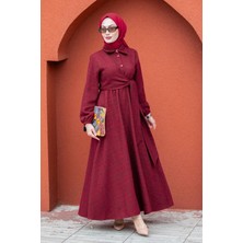 Tesettür Çarşım Tüvit Ekoseli Yan Bağlamalı Elbise-Bordo