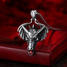 Paslanmaz Çelik Kırmızı Taşlı Gotik Fantasy Tasarım Ejderha Başı Kolye