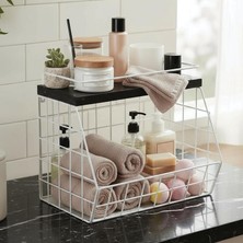 Decorelax Ahşap Mermer Raflı Banyo Organizeri - Duvara Monte Edilebilir ve Tezgah Üstünde Kullanılabilir, Beyaz, 31X23 cm