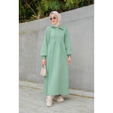 Tesettür Çarşım Yakalı Üç Iplik Spor Robalı Elbise-Mint