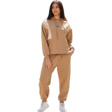 İrem Çocuk Giyim Kız Çocuk Çizgi Şerit Detaylı Kapüşonlu Jogger Model Açık Kahverengi Renk Eşofman Takımı