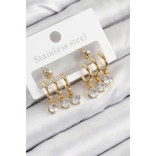 Dktt Pirinç Sallantılı Zirkon Taşlı Model Gold Renk Kadın Küpe - TJ-BKP11097