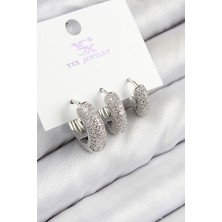 Dktt Pirinç Zirkon Taşlı 3'lü Halka Model Gümüş Renk Kadın Küpe - TJ-BKP11123