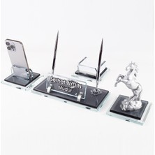 Ofistike Prime Şahlanan At Biblolu Kristal Masaüstü Isimlik Seti Ofis Hediyesi Masa Isimliği Kalemlik Takımı