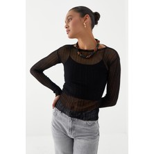 MARKALİSTE Yarı Transparan Uzun Kollu Fitilli T-Shirt Siyah