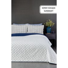 Evlen Home Collection Premium Peluş Çift Kişilik Çok Amaçlı Yatak Örtüsü 200X220 Çift Taraflı Yumuşak Battaniye Pike Beyaz / Lacivert
