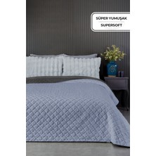 Evlen Home Collection Premium Peluş Çift Kişilik Çok Amaçlı Yatak Örtüsü 200X220 Çift Taraflı Yumuşak Battaniye Pike Gri Mavisi / Antrasit