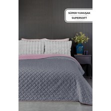 Evlen Home Collection Premium Peluş Çift Kişilik Çok Amaçlı Yatak Örtüsü 200X220 Çift Taraflı Yumuşak Battaniye Pike Antrasit / Pudra