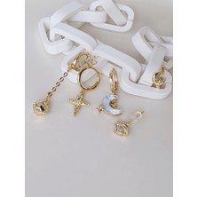 Eva Takı Store 6'lı Ay Top Gezegen Yıldız Figürlü Gold Renk Küpe Seti