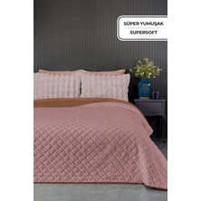 Evlen Home Collection Premium Peluş Çift Kişilik Çok Amaçlı Yatak Örtüsü 200X220 Çift Taraflı Yumuşak Battaniye Pike Pudra / Somon