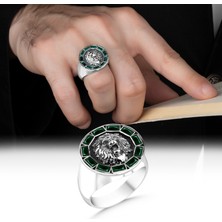 Mem Güney Silver Aslan Figürlü Yeşil Baget Taşlı Gümüş Erkek Yüzük