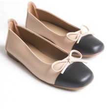 Adımla Bej Siyah Deri Kadın Babet Fiyonk Tokalı Yuvarlak Burun Rahat Kaymaz Tabanlı Ayakkabı Emma