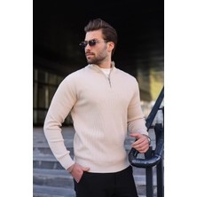 Madmext Taş Rengi Yarım Fermuarlı Dik Yaka Erkek Triko Kazak 7442