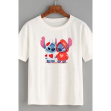 Makiteks Baskılı Lilo Kadın Unisex Bisiklet Yaka Baskılı T-Shirt Siyah Tshirt Tişört