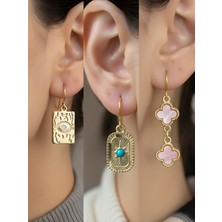 NKT Collection Göz Turkuaz Oval Pembe Yonca 3’lü Sembol Kadın Küpe Set