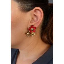NKT Collection Altın Renk Kırmızı Çiçek Formlu Parlak Yüzeyli Kadın Küpe