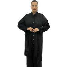 AlanyaXXL Büyük Beden Çizgili Düğmeli Tunik Gömlek Pantolon Oversize Kadın Takım
