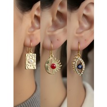 NKT Collection Göz Zarf Nazar Ay Güneş 3’lü Sembol Kadın Küpe Set