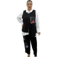 AlanyaXXL Büyük Beden Nakışlı Gömlek Pantolon Yelek Üçlü Oversize Kadın Takım