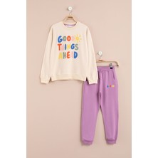 Cansın Mini Krem Good Things Nakışlı Kız Çocuk Bisiklet Yaka Eşofman Takımı 23391