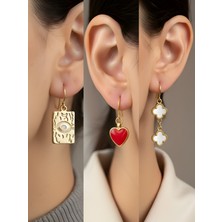 NKT Collection Göz Kırmızı Kalp Beyaz Yonca 3’lü Sembol Kadın Küpe Set