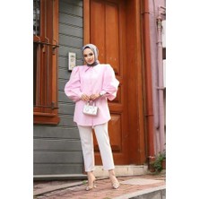 Tesettür Diyarı Sivri Yaka Balon Kol Taşlı Düğmeli Gömlek Açık Pembe