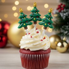 Yeşil 5 Adet 5 cm Yılbaşı Çam Ağacı Pasta Süsü, Cupcake Topper, Dekoratif Figür Seti