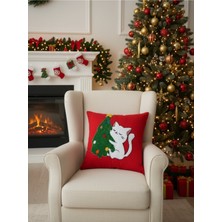 El Yapımı Kırmızı Kırlent Kılıfı, Noel ve Kedi Motifleriyle Şık Tasarım