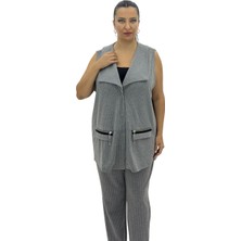AlanyaXXL Büyük Beden Viskon Gri Çizgili Yelek Pantolon Oversize Kadın Takım