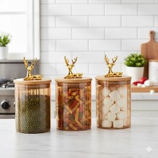  3'lü Borosilikat Cam Geyik Figürlü Şık Çizgili Amber Cam Kavanoz Mutfak Seti 500 ml