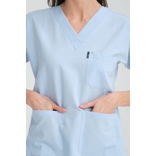 Yılmaz Üniforma V Yaka Buz Mavi Unisex Likralı Ütü Istemeyen Unisex Doktor Hemşire Scrubs Takım