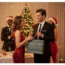 Dodomar 44×35×18 cm Hasır Ip Saplı Yeşil Gold Puantiyeli Lüks Yılbaşı Hediyelik Karton Çanta