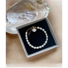 Taşmir Sertifikalı Gerçek Doğal Beyaz Orta Boy Arpa Inci Kadın Bileklik Çelik Klips Istiridye Charm