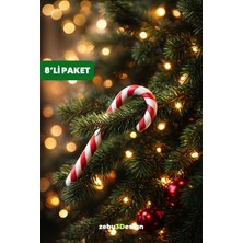 Yılbaşı Temalı Kırmızı ve Beyaz Şeker Kamışı Ağaç Süsü, 8'li Paket, Renkli Dekorasyon.