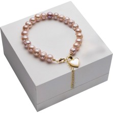 Taşmir Sertifikalı Gerçek Pembe Inci Bileklik Kalp Charm 17 cm
