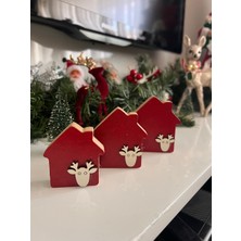 3'lü Ahşap Ev Yılbaşı Süsleri, Kırmızı Geyikli, Noel ve Christmas Dekoru