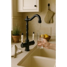 Rena Design Rustik Siyah Arıtmalı 3 Yollu Mutfak Evye Bataryası Prinçlüks Musluk Garantili Porselen Kol Armatür