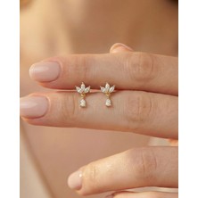 İndigo Takı Damla Sallantılı Minik Üçlü Mekik 14 Ayar Altın Küpe